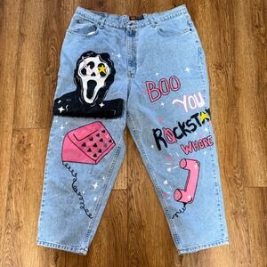 VTG Route 66 Custom Hand Painted Ghostface Scream Jeans Womens 40x29 Halloween‎